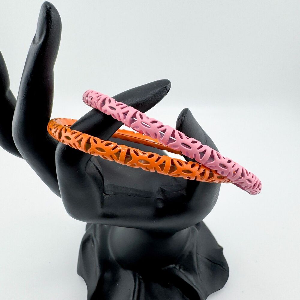 Vintage Orange Pink Enamel (2) Bangle Bracelets Cut-Out Design Retro Stackable